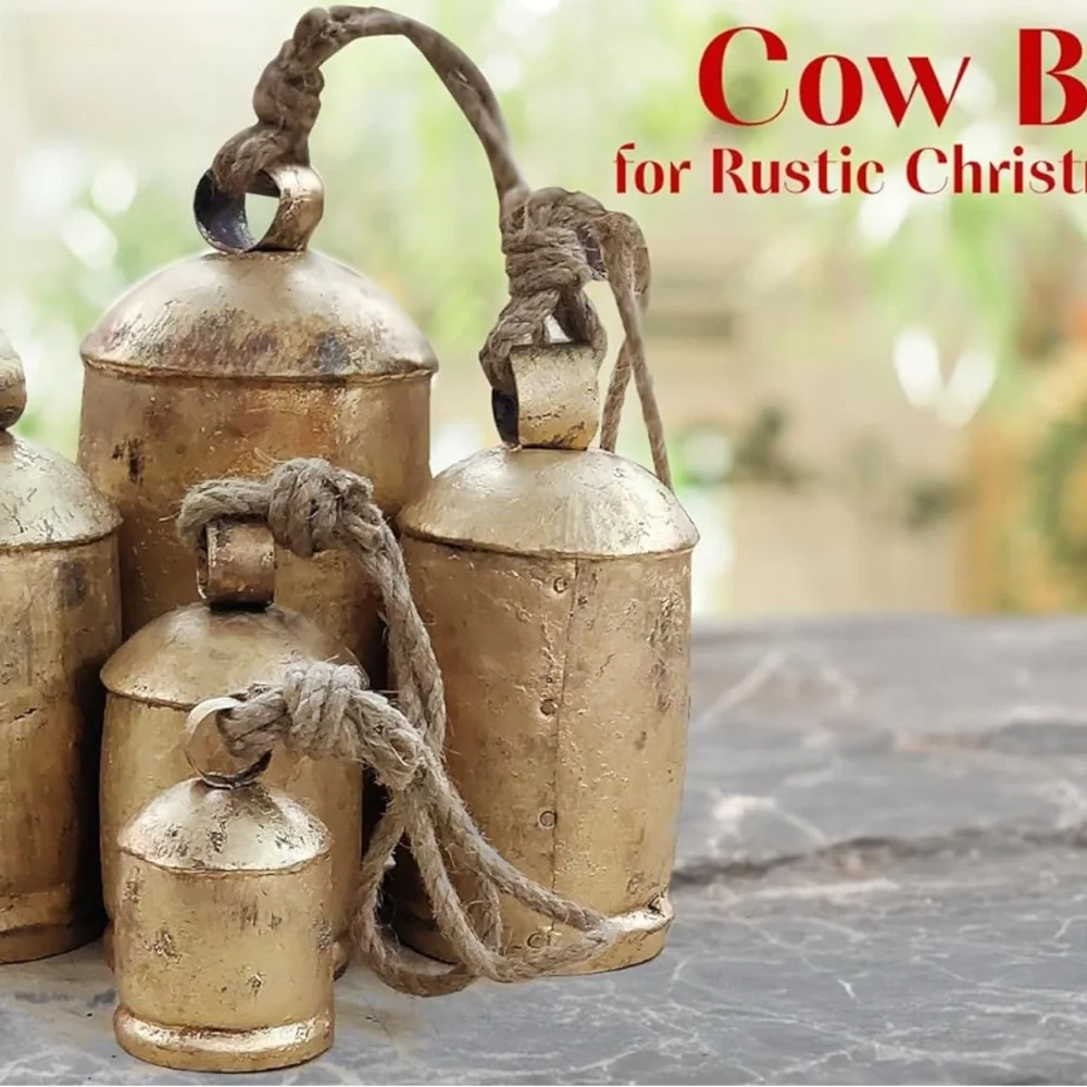 Akatva Large Brass Cow Bells 
Rustic Christmas Decor 5 pc Set
Vintage Gold Bells - Picture 4 of 12